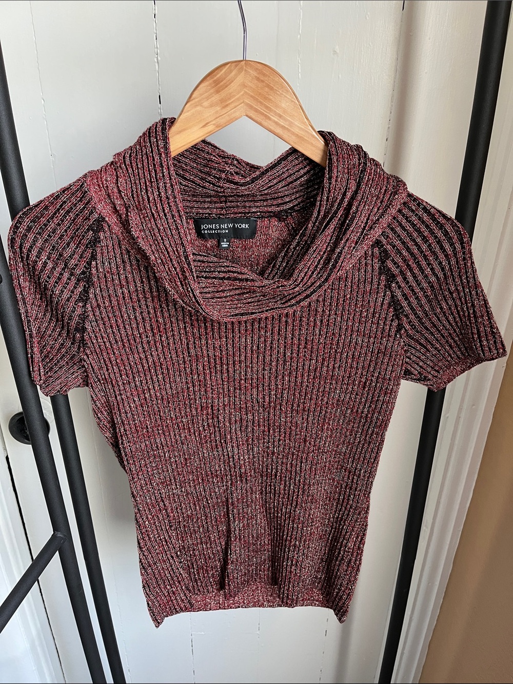 Jones New York Black with Red and Gold Toned Cowl Neck Ribbed Sweater